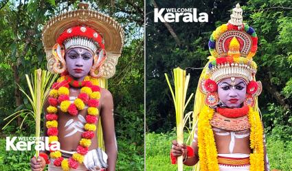 Adithya G (left) and Jishaan G as Jogi Theyyam, Goliyadkka
