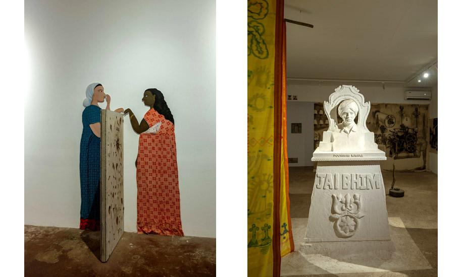 Left:  Title- Staged Narratives, Aswathy GS, Raja Ravi Varma College of Fine Arts, Mavelikkara, Kerala; Right: Title- Ginning Justice, 2025, Kailash Khanjode, Government College of Art, Nagpur, Maharashtra
