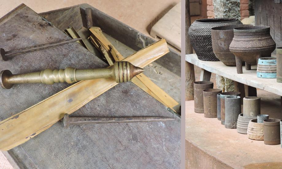 Museum collection: different types of styluses and the palm leaves (left); traditional measuring vessels (right)
