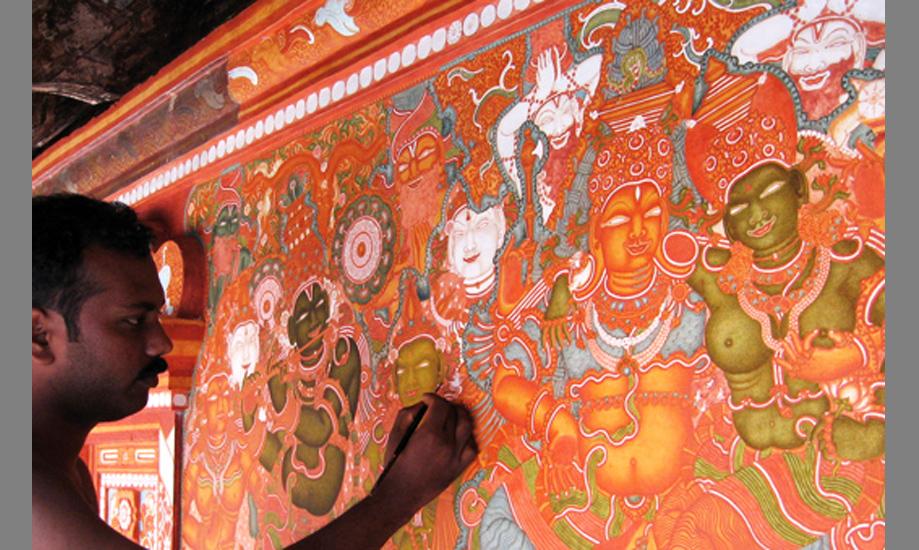 Mural work in progress, Artist P Naveenkumar at Purameri temple
