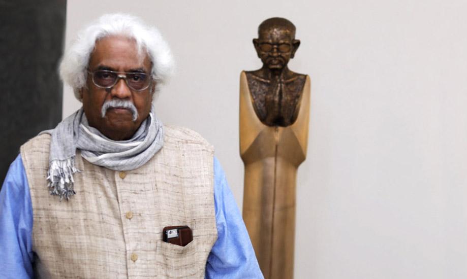 Artist A Ramachandran with his work Monumental Gandhi-II
