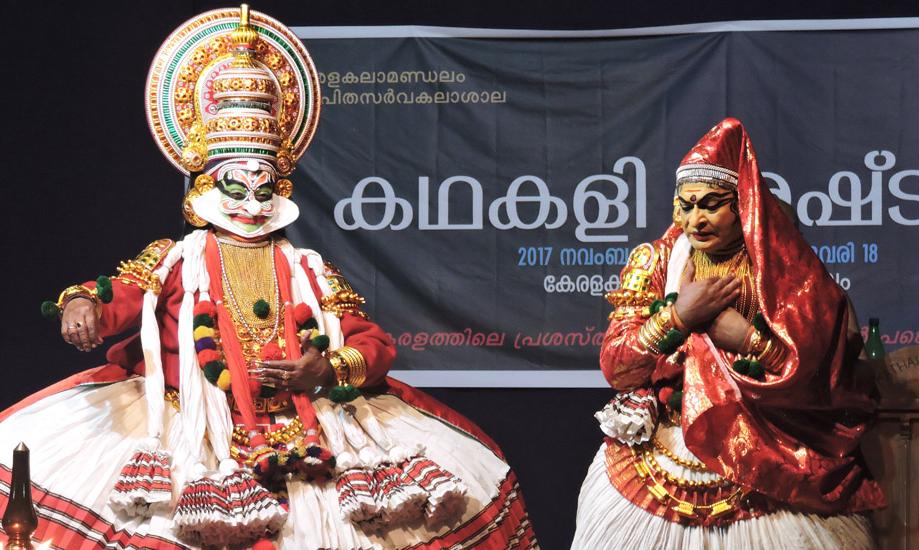 Artistes Kottakkal Chandrasekhara Varrier as Keechakan (left) and R L V Radhakrishnan as Sairandri in the Kathakali play Keechakavadham