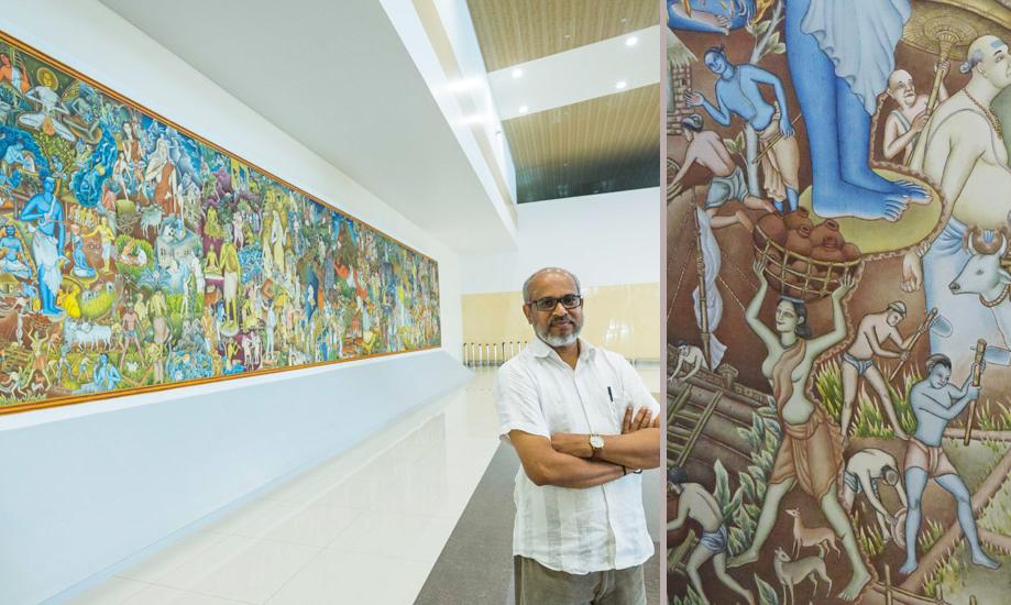 The mural at the airport with Artist P K Sadanandan (left) and a detailed portion of the painting (right)