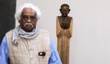Artist A Ramachandran with his work Monumental Gandhi-II