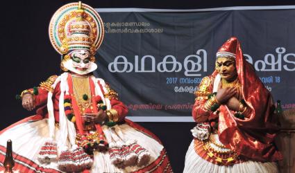 Artistes Kottakkal Chandrasekhara Varrier as Keechakan (left) and R L V Radhakrishnan as Sairandri in the Kathakali play Keechakavadham