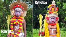 Adithya G (left) and Jishaan G as Jogi Theyyam, Goliyadkka