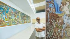 The mural at the airport with Artist P K Sadanandan (left) and a detailed portion of the painting (right)